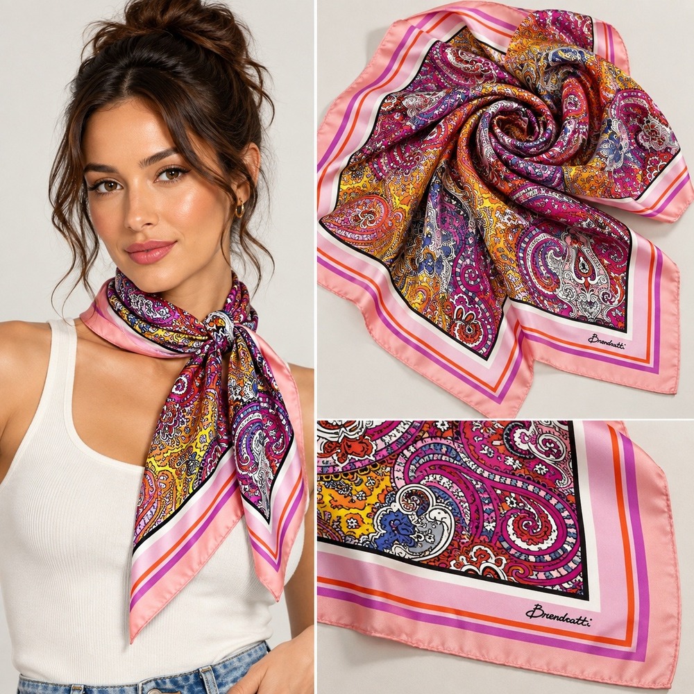 Brendratti Silk Twill Foulard Scarf Pink Paisley Made in Italy BJ6020320 35x35